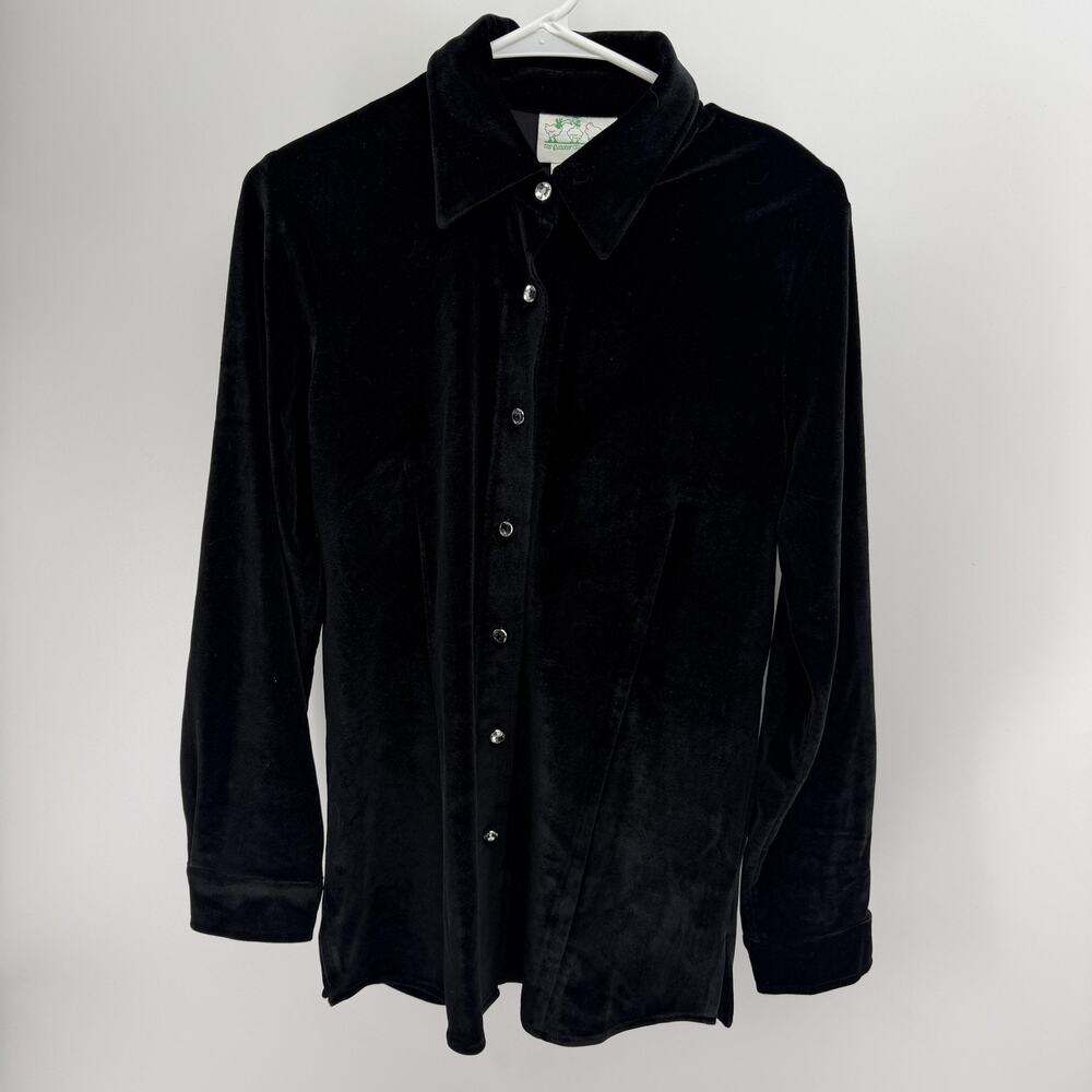 Vintage Y2K Quacker Factory Blouse Womens XS Black Velour Button Up Whimsigoth